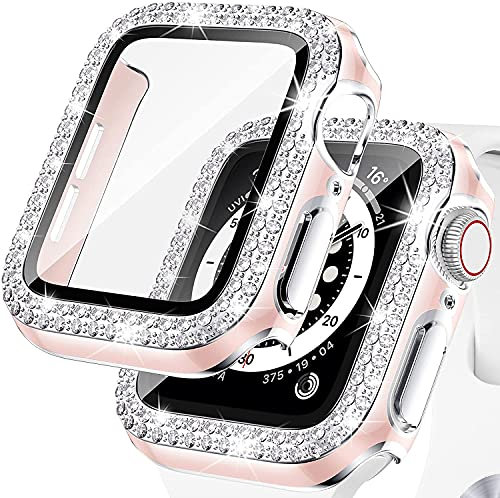 Kamita Funda Diamond para Apple Watch 40mm Series SE 2023/6/5/4, Estuche para PC Versátil con Pantalla de Vidrio Templado, Bling Case Protectora Parachoques (Rosa-Plata)
