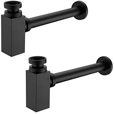 2er Set Siphon Schwarz Sifon Eckig Ablaufgarnitur mit Geruchsschutz Waschbecken Waschtisch Abfluss Syphon Messing