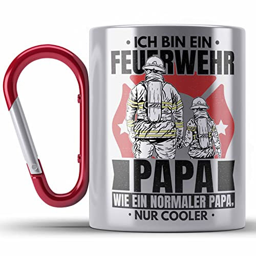 Trendation - Feuerwehr Papa Geschenk Edelstahl Tasse Karabiner Feuerwehrmann Vater Vatertag Spruch Wie Ein Normaler Papa Nur Cooler (Rot)