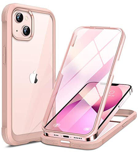 Miracase Compatible with iPhone 13 mini Case 5.4 inch, [Glass Screen Protector] Full Body Rubber Bumper Case Cover (Crystal Pink)