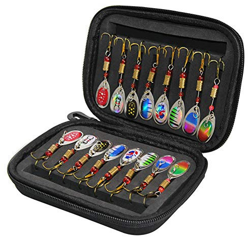 KOBONA 16pcs Spinner Baits Metall-Pailletten-Löffelköder mit Hartschalen-Eva-Tragetasche