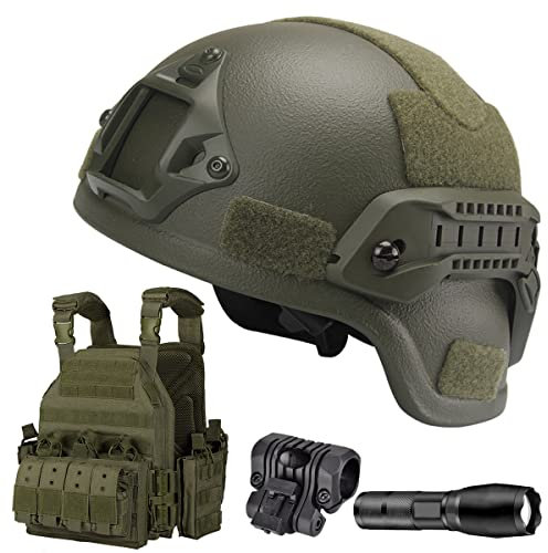 Heavy NIJ IIIA Aramid Military Bulletproof Helmet,Airsoft Vest Quick-Release Plate Carrier Military Tactical Vest, with Flashlight And Holder,C2