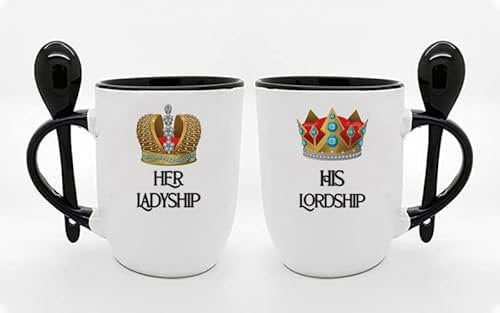Getagift His Lordship & Her Ladyship Set of 2 Mugs Coffee Tea Cocoa Soup Daily use Inside Coloured with Spoon Coffee Mug. (Black)