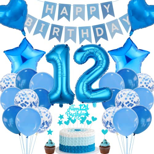 Cnrose 12. Geburtstag Dekoration,Blau Tortendeko Geburtstag 12 Jahre Junge,Party Deko Blau,12 Geburtstag Mädchen Junge,Tortendeko 12. Geburtstag Junge Mädchen,Geburtstagsdeko 12 Jahre Mädchen