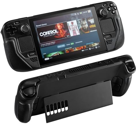 UYIYE Schutzhülle für Steam Deck OLED & LCD mit Kickstand-Schwarz | Ergonomischer Ledergriff, stoßfeste Abdeckung, schlanke Anti-Drop-Kühlschale, 1:1 präzise Passform, integrierter Ständer