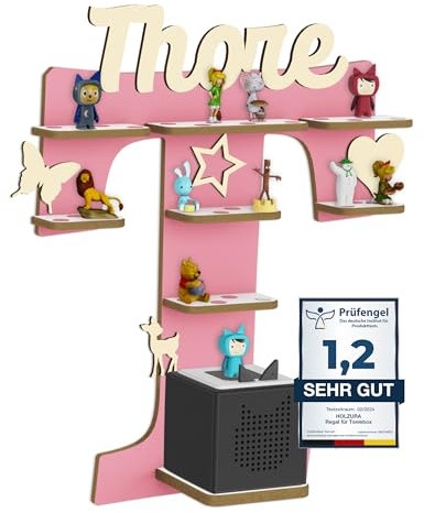 Holzura Tonie Regal für Toniebox, Toniebox Regal personalisiert mit Name und Holzsymbolen, Tonie Aufbewahrung (Buchstabe T)