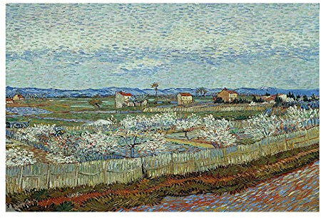Van Gogh Wandbild Druck auf Leinwand XXL Landschaft Pfirsichbäume in Blüte Gemälde auf Leinwand Poster und Drucke Wandbild für Wohnzimmer 50x75cm Rahmenlos