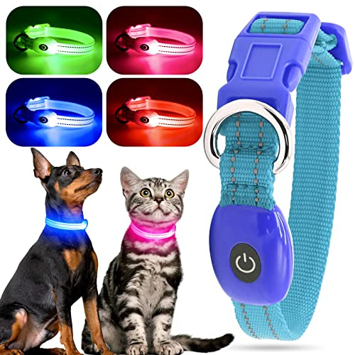 leuchthalsband Hund XS, YFbrite leuchthalsband Katze, Bequem Leuchtende Welpenhalsbänder, Verstellbares Reflektierendes Welpen-Gehlichthalsband für Sicherheit (Blau, XS)