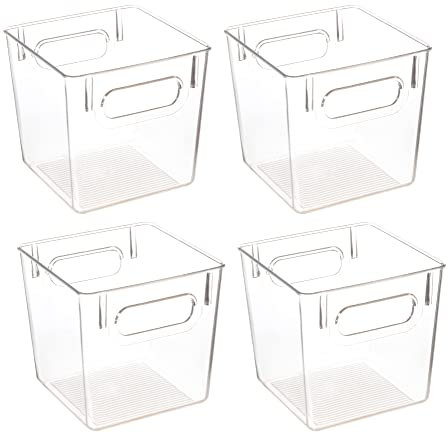 Amtido Clear Plastic Storage Bins for Fridge-Freezer, Cupboard, and Pantry Tidy - Kitchen Organiser for Food, Fruit, Vegetable, Cleaning Products & Household Items (4-Pack - Compact 15.5cm x 15.5cm)