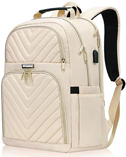 Kuosdaz Rucksack Damen, 15.6 Zoll Schulrucksack Mädchen Teenager mit USB Ladeanschluss, Laptop Rucksack Stylischer Daypack Wasserdichte für Schule, Uni, Reisen, Arbeit, 30L,Beige