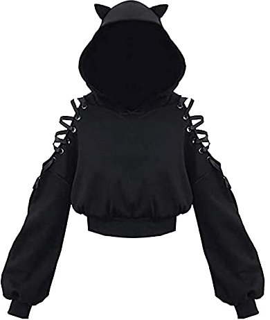Edhomenn Women Hoodies Fashion Printing Sweatshirt Long Sleeve Cute Ear Cat Off Shoulder Crop Top Pullover Ladies Halloween Clothes (A-Black, S)