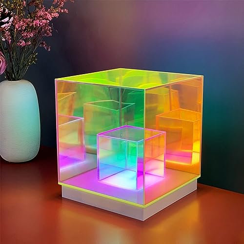 QCHIAN Acrylic Modern Table Lamp, Pyramid Colorful Glass Table Lamp, 3D Transparent Led Desk Light, USB Charging Crystal Pyramid Light for Home and Office Decorations