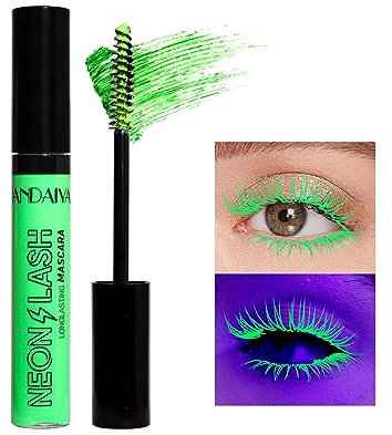 UV Glow Colorful Mascara 6 Farben 4D Lash Mascara, Lang anhaltende, wischfeste, voluminöse und charmante Wimperntusche, perfekt für Tag oder Nacht Bühne, Clubbing oder Kostüm Make-up (Grün)
