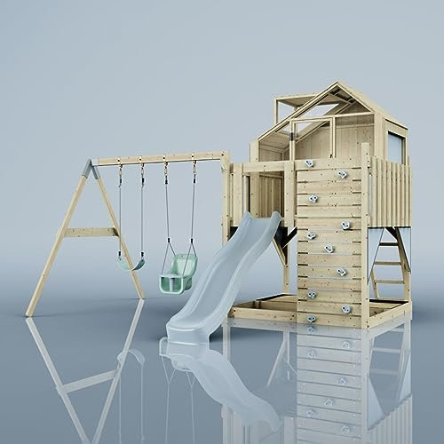 Rebo Spielturm mit Spielhaus inkl. Wellenrutsche, Kinder-Schaukel und Baby-Schaukel | Outdoor Klettergerüst Garten | Kletterwand und Kletterleiter | Stabile Konstruktion