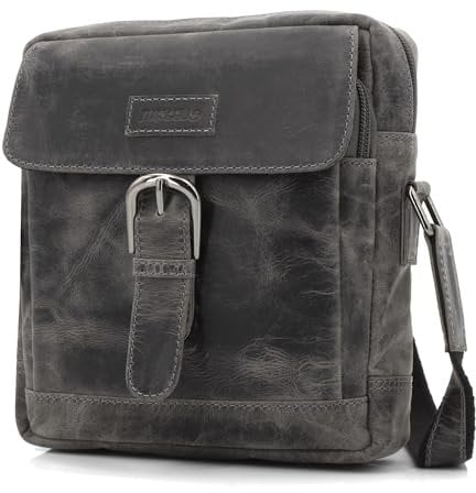 ekavale Umhängetasche Herren aus Büffelleder - Männer Schultertasche zum Umhängen mit verstellbarem Schultergurt - Leder Herrentasche, Ledertasche, Schultertasche (Grau)