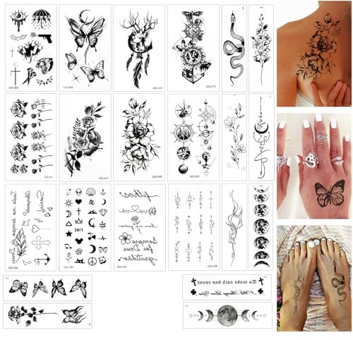 22 Blätter Temporäre Tattoos, Klein Schwarz Fake Tattoo, 110+ Klebetattoos für Erwachsene, Zum Arm Aufkleben, für Frauen Männer Kinder Jungen Mädchen