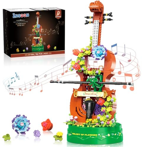INSOON Violinstrauß Bauspielzeug Set mit Melodie und Licht, 782 Stück Mini Blumenstrauß Klemmbausteine Set mit Getriebesystem, Dekoration & kreatives Geschenk für Frauen und Mädchen ab 6 Jahren