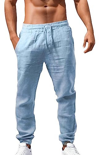 Generisch Leichte Lässige Yoga-Hose Aus Leinen Lange Lockere Sommerhose Mit Elastischem Bund Elastische Hose Mit Kordelzug Und Taschen Hose Atmungsaktive Sonnenschutzhose Urlaubs-Alltagshose