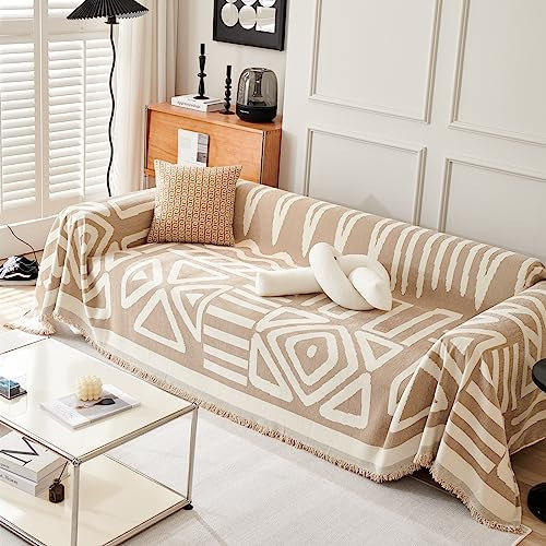 Doppelseitige Chenille-Überwürfe für Sofa, Boho-Stil, staubdicht, Sofaüberwürfe, Sofabezug, 3-Sitzer, Sofaschutz, Wohnzimmerdekoration, Sofaüberwurf, Decke (180 x 280 cm, Khaki)