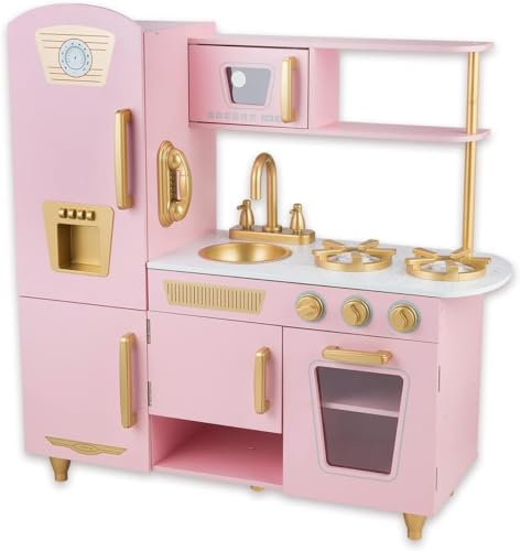 Hölzerne Kinderküche, Kinderspielküche mit Spüle Herd Backofen, Holzküche Spielzeugküche, Spielküche aus Holz mit Zubehör für Kinder ab 3 Jahren (Roségold)