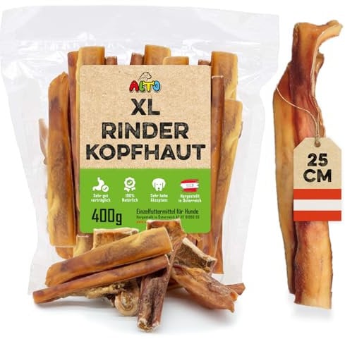 ALTO - Premium Rinderkopfhaut für große Hunde - 25cm Stücke - Hunde Kauartikel groß - Hundeleckerli für Zahnpflege Hund und Beschäftigung - 400g