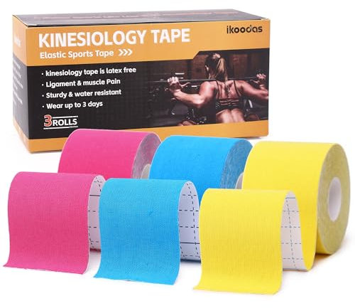Kinesiologie Tape Physio Tape 5cm, Gelenke Unterstützung & Muskelschmerzlinderung, Schultern Plantar Fasciitis Knie Tape, Wasserdichtes & Latex Freies Kinesiotapes Sport Tape (Blau, Rosa, Gelb)