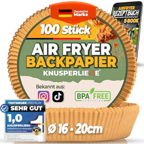 KNUSPERLIEBE® Backpapier für Heißluftfritteuse 2-4,4 L,16-20cm 100 Stück Rund, Ölbeständig, Pergamentpapier Airfryer Liners, Disposable Paper Zubehör für Ofen & Air Fryers