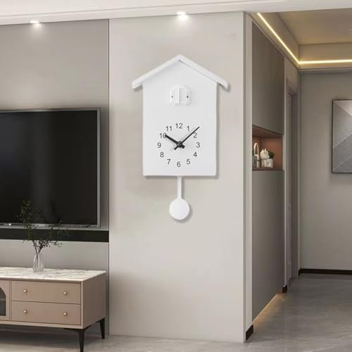 HEBEOT Orologio a cucù, regolabile, segnale acustico da parete, stile chalet, moderno, decorazione da parete per casa, soggiorno, cucina, ufficio, colore bianco