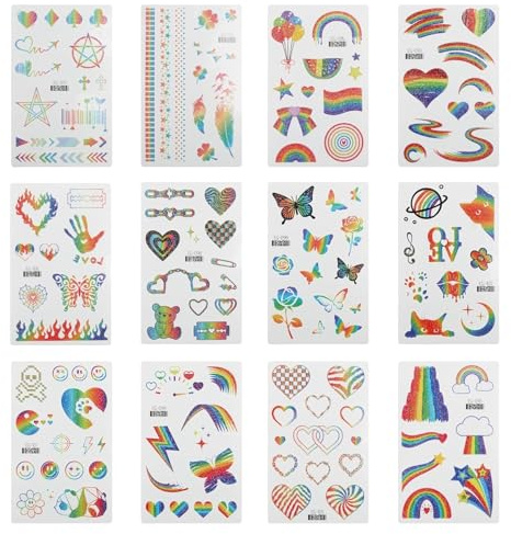 Rainbow Temporary Tattoos, Waterproof Glitter Temporary Stickers for Kids and Adults 130+ Unique Designs Pride Tattoos for Birthday Parties, Pride Parades, And Celebrations（12 Sheets）