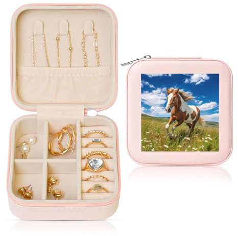 PHAYAH Quadratische Reise-Schmuckschatulle, Motiv: Pferde auf der Prärie, Leder-Schmuckring-Organizer für Mädchen, Damen (Rosa)