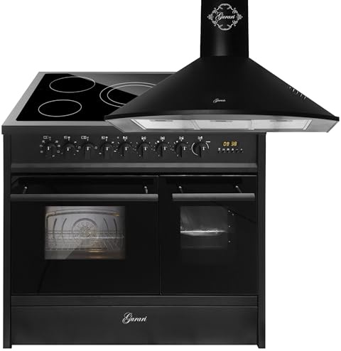 GURARI Elektro-Standherd GCH E 912 DF BL+GCH 046 Bl 9, Elektro Standherd 90 cm mit 1-fach-Teleskopauszug, Doppelbackofen+Dunstabzugshaube 90 cm