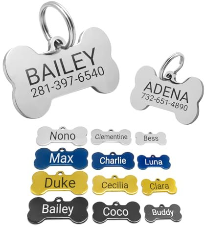 Etiqueta de Identificación de Perro de Acero Inoxidable Personalizada, Placa de Identificación Personalizada Tallada por Láser, Hasta 6 Líneas de Texto o Código QR, 2 Tamaños (Huesos)