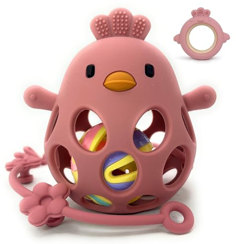 MÜVI - Mordedor bebé sensorial con sonajero y cadena, Mordedor de dentición +3 meses, Silicona alimentaria, suave y sin BPA, Fácil de agarrar y morder, Alivio para encías - Teether (Pack Rosa)