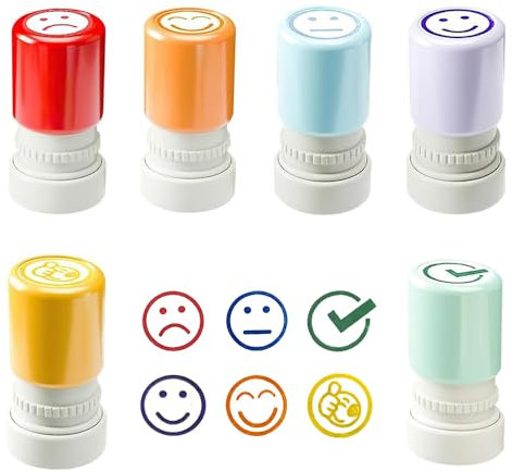 SKIKHN Selbstfärbender Stempel,6 Stück Stempelset,Stempel Lehrer,Smiley Stempel für Lehrer,Lehrer Bewertung Belohnung Motivation Briefmarken,Bunte Cartoon Stempel,kinder Stempel für Ermutigen,Lob