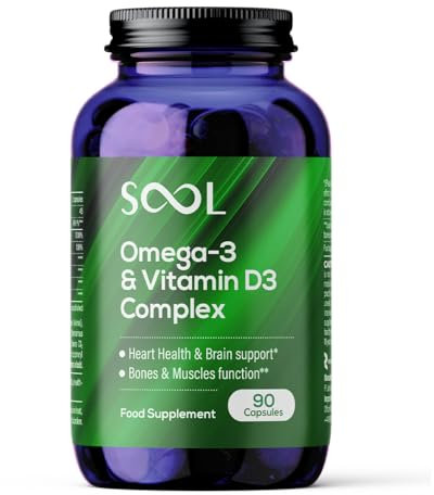 SOOL Omega 3 & Vitamine D3 Complexe en Gélules Molles, 90 Capsules I Huile de Poisson (20% EPA & 50% DHA) I Fonction Cérébrale & Clarté Mentale I Complement Alimentaire Pour Apport Idéal en EPA & DHA