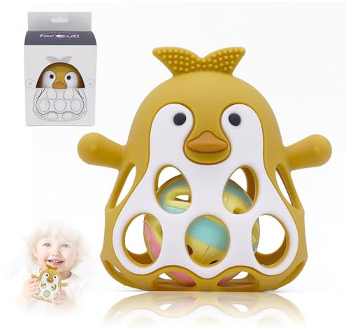 Farout Pinguin Rassel - Beißring Baby & Montessori Spielzeug - Oball Motorikspielzeug Babyrassel für Babyspielzeug ab 3 Monate, Geschenk für Jungen & Mädchen. (Mango)