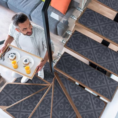 YISUN 15 PCS Stair Mats, Stair Carpet, Anti Moving and Non-Slip Stair Pads, Removable Self-Adhesive Carpet Stair Treads for Children, Elderly and Pets