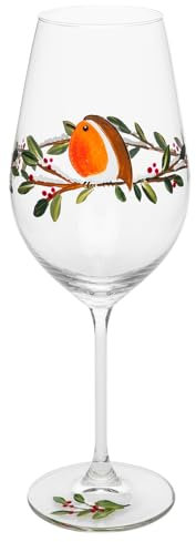 Shudehill Giftware East West Christmas My Favourite Glass Hand Painted Wine Glass - Robin, Poinsettia or Mistletoe & Berry Xmas (Robin)