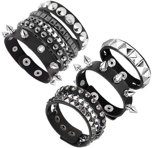 YNR 6 braccialetti in pelle nera punk rock, gotici anni '80, con borchie e punte, stile punk rock, vintage, per uomini e donne, accessori steampunk anni '80, braccialetti regolabili per Halloween,