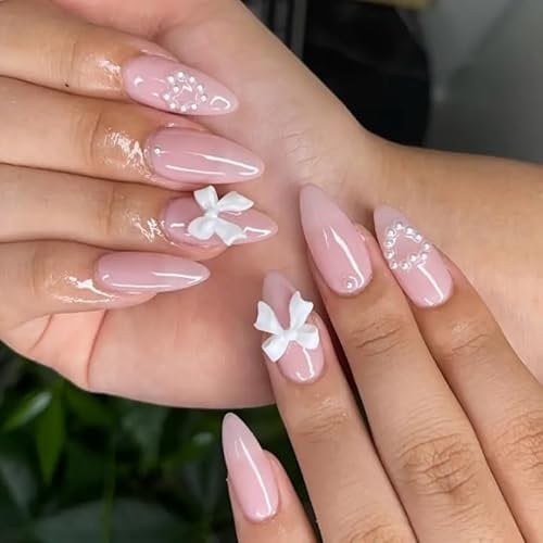 Pink Press On Nails Almond - Short Oval Fake Nails Nude Pink With 3d Pearls And White Bow - French False Nails With Glue - Full Cover Acrylic Stick On nails For Women Girls Nail Art Accessories