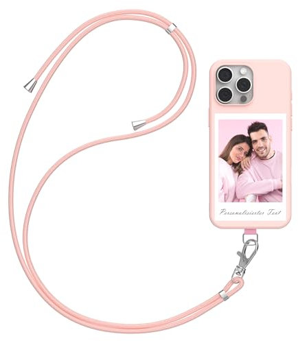 LSXYHQLD Cover Personalizzata con Cordino Regolabile Rimovibile per iPhone 16 15 14 13 12 11 Pro/Max/Mini X/XR/XS Max 7 8 Plus SE20/22, Cover Custodie Personalizzate con Foto, Rosa