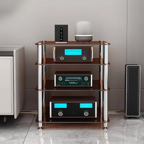MegLob Soporte De Consola De Vidrio Templado, Soporte De Medios AV De Servicio Pesado, Gran Estante De Torres De Audio Profesional, Estante De Consola De Videojuegos,Brown 4 tiers