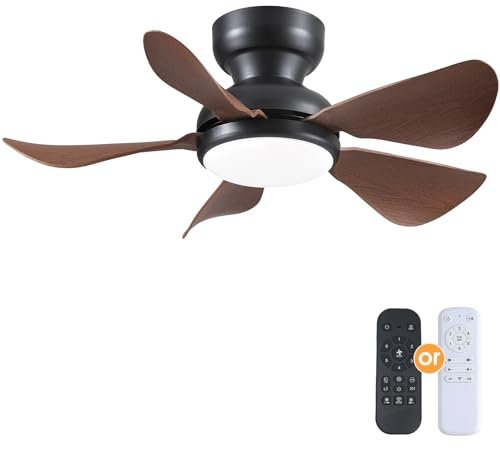 Kviflon 32 Inch Modern Ceiling Fans with Lights, Flush Mount Ceiling Fan with Light and Remote/APP Control, 5 Reversible 6 Speeds Curved Blades, 3 CCT Dimmable Lights for Bedroom, Brown