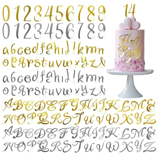 124 Stück Buchstaben für Torte, Acryl Buchstaben Tortendeko, Zahlen 0-9 und A-Z Groß- und Kleinbuchstaben, Wiederverwendbar, Geeignet für Geburtstagshochzeitsfeiern (Gold + Silber)