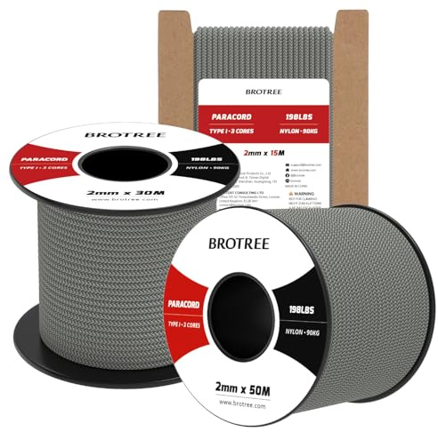 Brotree 2mm Paracord 3 Fili 15M 100% Nylon Corda da Paracadute per All'aperto, Artigianato, Fatto a Mano - 90kg Carico di Rottura (Grigio Antracite)