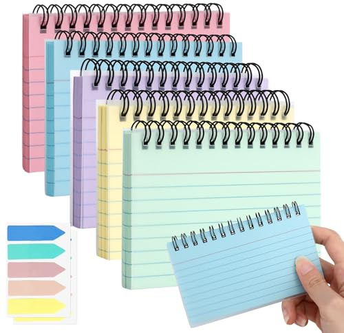 250 Stück Karteikarten Liniert 5 Farben, Karteikarten Groß Bunt Lernkarten Kinder, Back to School Clean Girl Spiral Flashcards mit Transparenter Abdeckung 12.5x7.5cm, Index Cards mit 200 Register