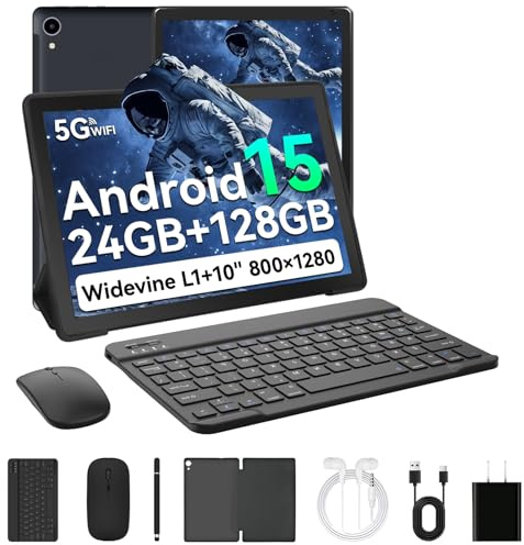 Laptok Android 15 Tablet 10 Pollici, 24GB RAM+128GB ROM, Octa Core 2.0GHz /WiFi 6+2.4G/GMS/5000mAh/Bluetooth 5.2/Widevine L1/8MP+5MP/Tablet 2 in 1 con Tastiera, Mouse, Cuffie, Penna e Custodia