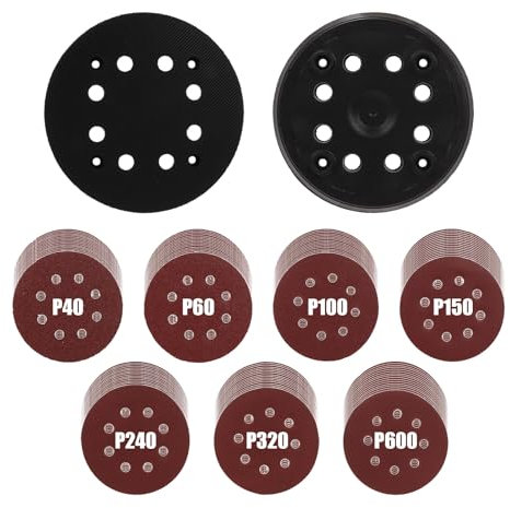 Ruaizel 105 Pcs Sanding Discs with 2Pcs Backing Pad, 5 Inch Hook and Loop Backing Pad, 40,60,100,150,240,320,600 Grits Sander Discs for Random Orbital Sander