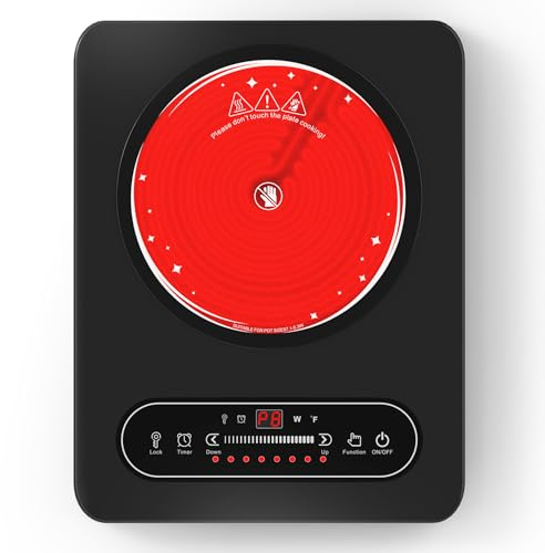 VBGK Plaque Vitrocéramique 1 Feu, 2000W Tables de Cuisson Portable avec Minuterie, 8 niveaux de Puissance, 220V-240V avec Prise, Plaque de Cuisson Induction, Compatible avec Tous Types de Casseroles