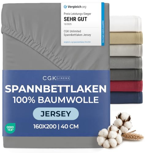 Spannbettlaken Jersey 160x200 - Baumwolle Boxspringbett 40cm - Dunkelgrau | Spannbetttuch, Rundumgummi, Dehnbar, Weich, Atmungsaktiv, Knitterfrei, Pflegeleicht, Baumwoll-Jersey, Bis 40cm, OEKO-TEX